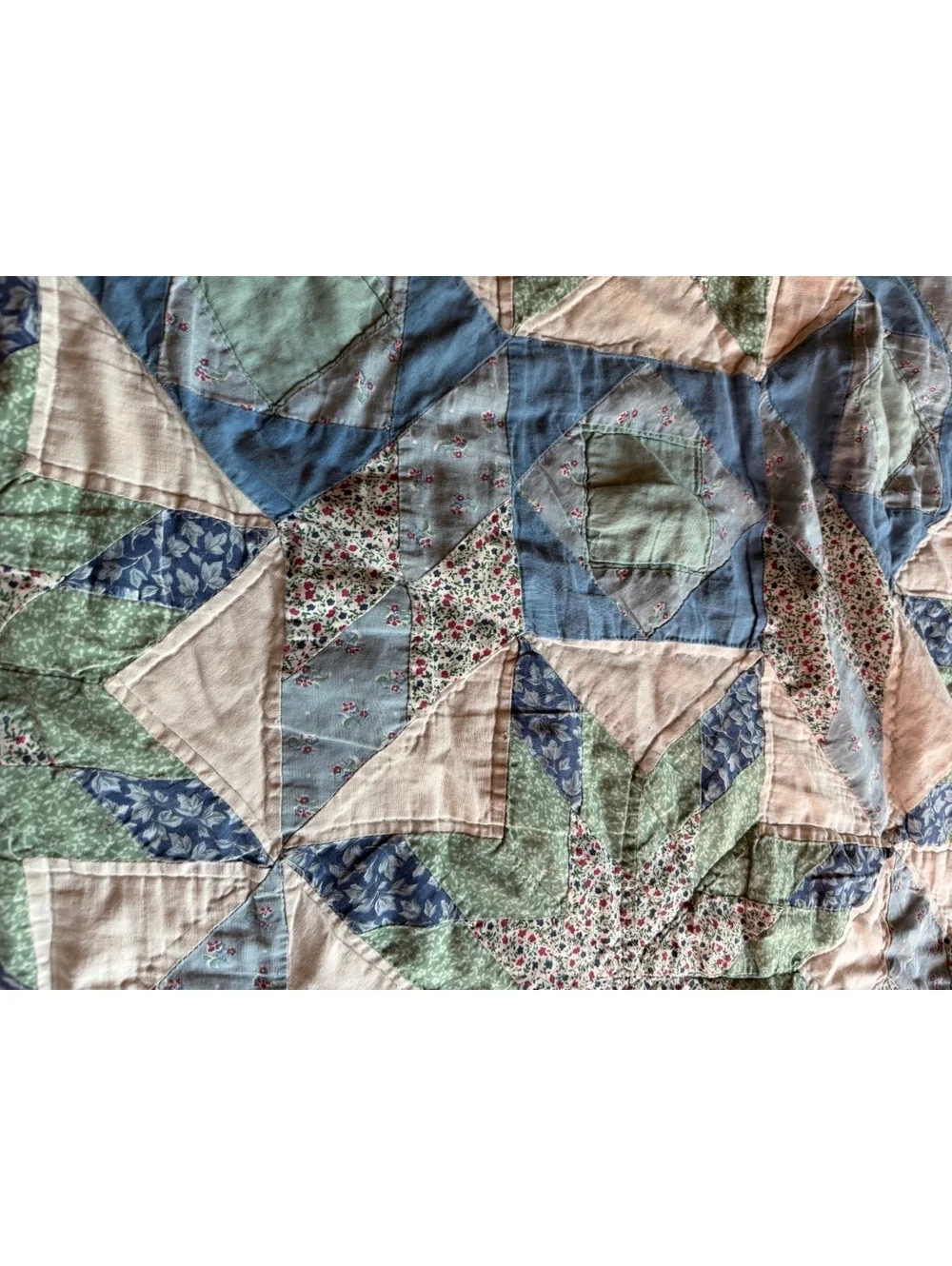 Vintage Quilted Bedspread throw  blanket with Blue and Green Star Pattern